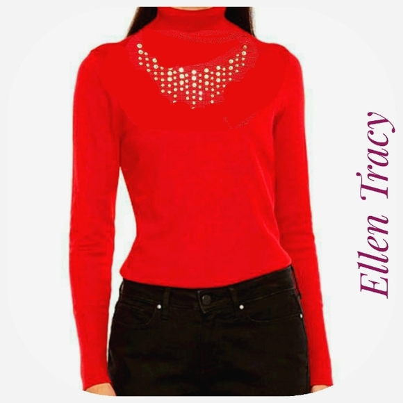 Ellen Tracy Rhinestone Design Turtleneck Sweater - Picture 1 of 5